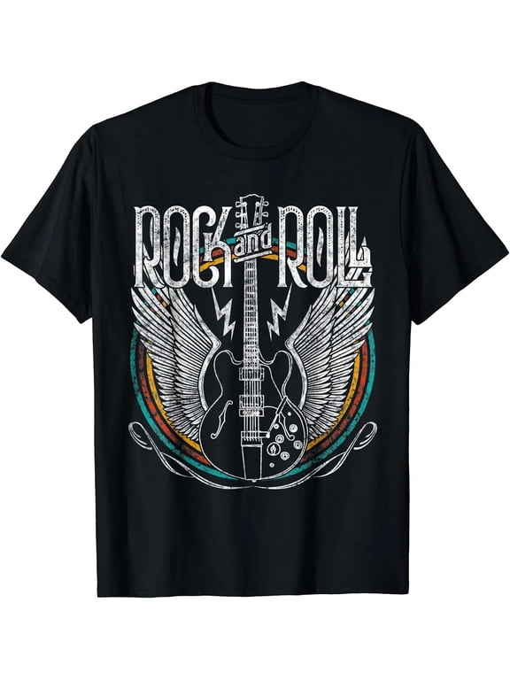100% Cotton 80s Rock And Roll Guitar Wings Shirt, Vintage Music Graphic T-Shirt, Retro Band Style Short Sleeve Casual Tee, Rock Lover Gift for Adult Men and Women