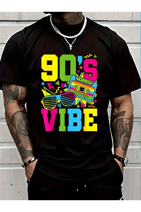100% Cotton 90's Vibe Retro 1990s 90s Style Party Outfit Men T-Shirt Short Sleeve T-Shirt Men's Graphic Tee Causal Tops Men Graphic Tee