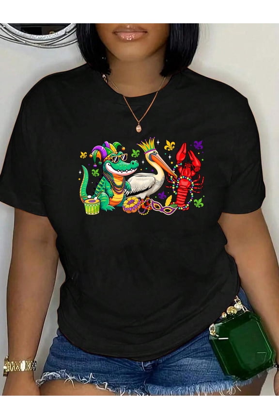 100% Cotton ABC Alligator Brown Pelican Crawfish Louisiana Mardi Gras T-Shirt Print Round Neck Cotton T-Shirt, Summer Women's Tops, gift