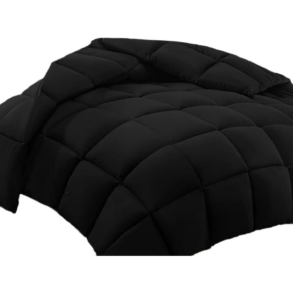 100% Cotton All-Season Comforter - Box Stitched Comforter - Bedding with Corner Tabs Machine Washable Lightweight Color Black Solid Pattern Size Super King Plus