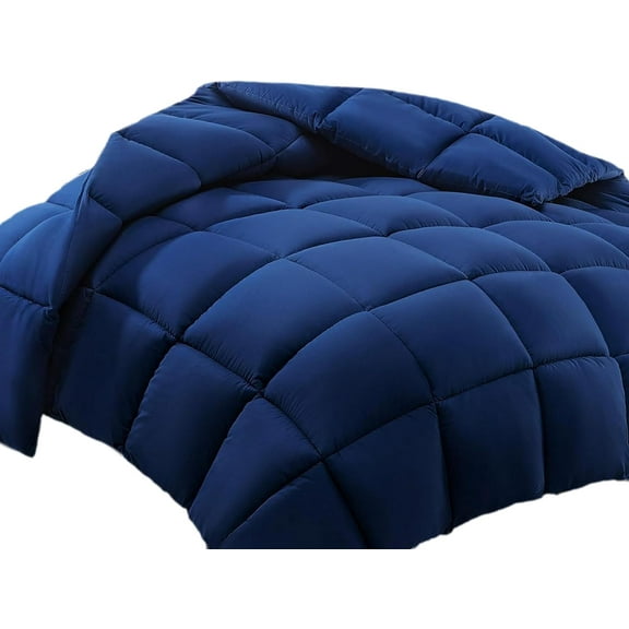 100% Cotton All-Season Comforter - Box Stitched Comforter - Bedding with Corner Tabs Machine Washable Lightweight Color Navy Blue Solid Pattern Size Super King Plus