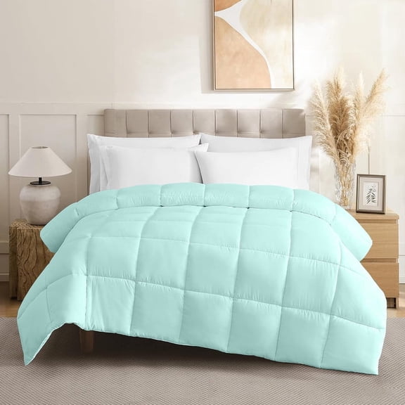 100% Cotton All-Season Comforter - Box Stitched Comforter - Bedding with Corner Tabs Machine Washable Lightweight Color Aqua-Blue Solid Pattern Size Queen (90"x 90")