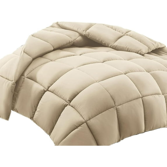 100% Cotton All-Season Comforter - Box Stitched Comforter - Bedding with Corner Tabs Machine Washable Lightweight Color Beige Solid Pattern Size Super King Plus