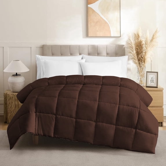 100% Cotton All-Season Comforter - Box Stitched Comforter - Bedding with Corner Tabs Machine Washable Lightweight Color Brown Solid Pattern Size Oversized King (120"x98")