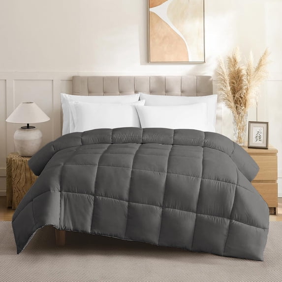 100% Cotton All-Season Comforter - Box Stitched Comforter - Bedding with Corner Tabs Machine Washable Lightweight Color Dark Grey Solid Pattern Size Queen (90"x90")