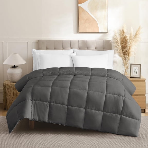 100% Cotton All-Season Comforter - Box Stitched Comforter - Bedding with Corner Tabs Machine Washable Lightweight Color Dark Grey Solid Pattern Size Queen (90"x90")