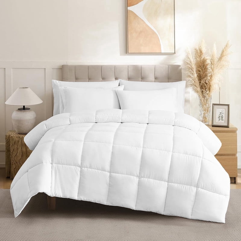 100% Cotton All-Season Comforter - Box Stitched Comforter - Bedding with Corner Tabs Machine Washable Lightweight Color White Solid Pattern Size King (104"x90")