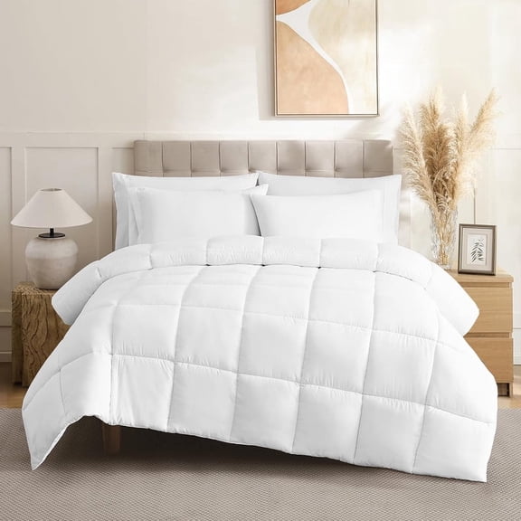 100% Cotton All-Season Comforter - Box Stitched Comforter - Bedding with Corner Tabs Machine Washable Lightweight Color White Solid Pattern Size Queen (90"x 90")