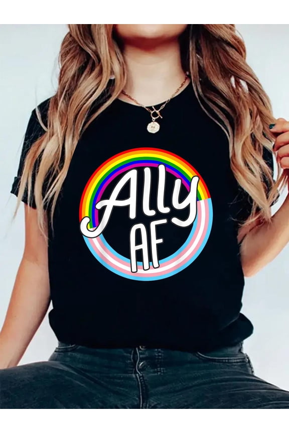 100% Cotton Ally AF Trans Flag Love Equality LGBT Pride Flag Love Gay T-Shirt Women's Men's Graphic Tee Casual Tops