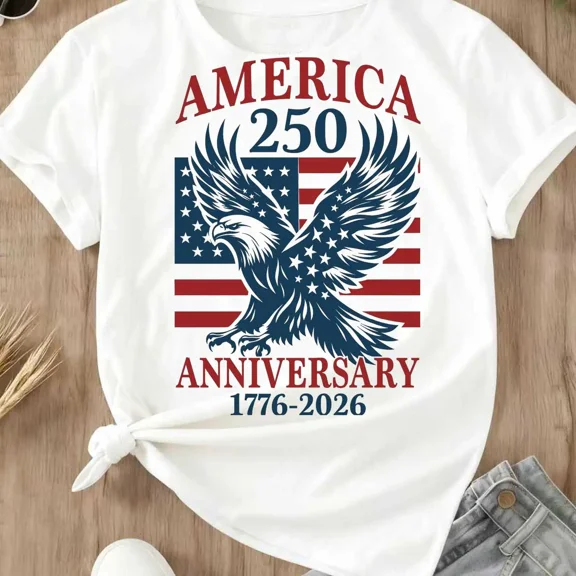 100% Cotton America 250 Anniversary Eagle And Flag Print T-Shirt Crew Neck Casual Tee For Independence Day Celebration Golf Gift T-Shirt For Men and Women