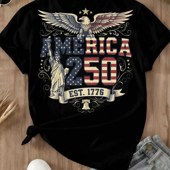 100% Cotton America 250 Eagle And Statue Of Liberty Print T Shirt Crew Neck Casual Patriotic Celebration Wear Golf Gift T-Shirt For Men and Women