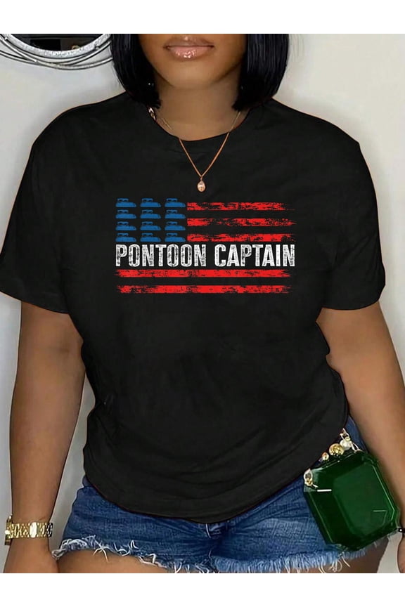 100% Cotton American Flag Boating Clothing Men's Black Pontoon Boat Captain 4th of July T-Shi Women's Men's Graphic Tee Casual Tops