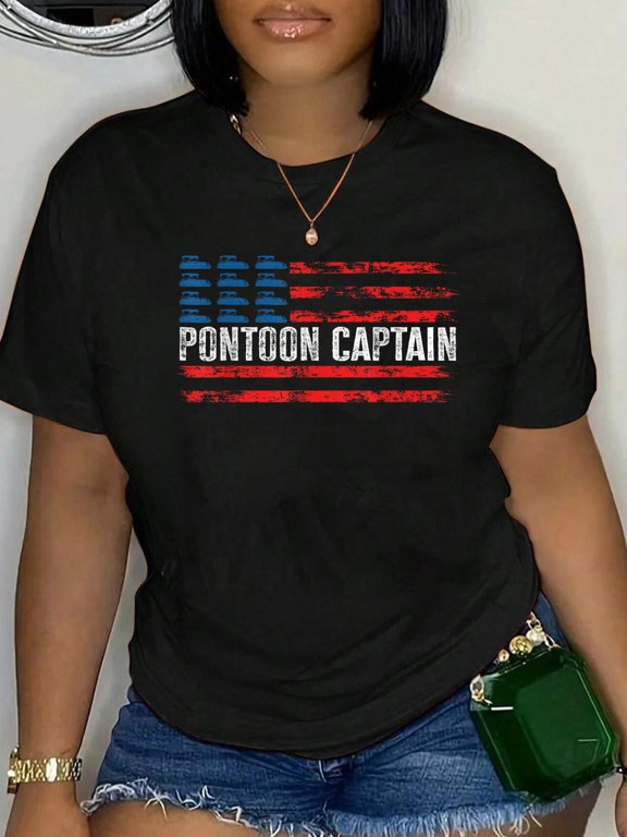 American Flag Boating Clothing Pontoon Boat Captain 4th of July T-Shi Women's Graphic Tee Casual Tops