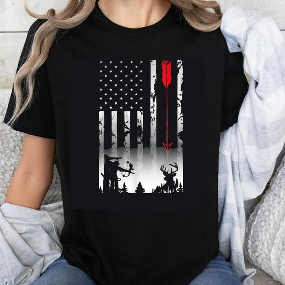 100% Cotton American Flag Deer Hunting Bow Arrow Outdoor Wildlife Nature Forest USA Patriotic T-Shirt for Men Women