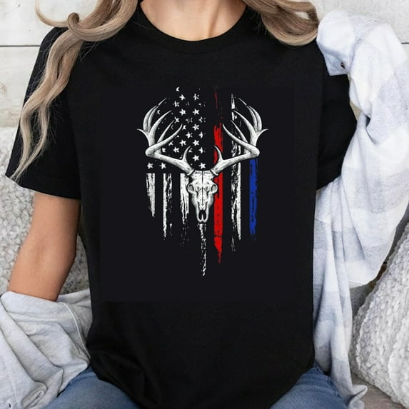 100% Cotton American Flag Deer Skull T-Shirt Patriotic Hunting Design Black Men Women Graphic Tee Outdoor Apparel