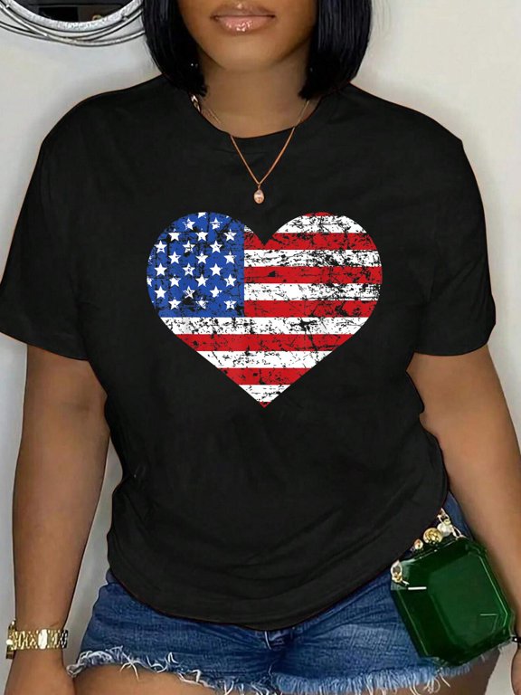 100% Cotton American Flag Heart Shirt, USA America 4th of July Gift Women Kids Men T-Shirt.jp Women's Graphic Tee Casual Tops