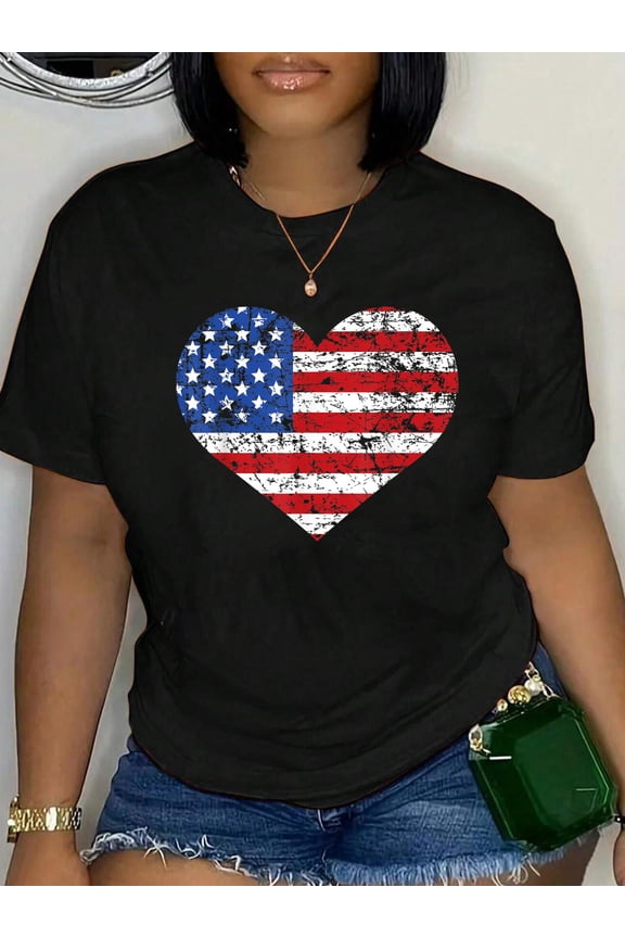 100% Cotton American Flag Heart Shirt, USA America 4th of July Gift Women Kids Men T-Shirt.jp Women's Graphic Tee Casual Tops
