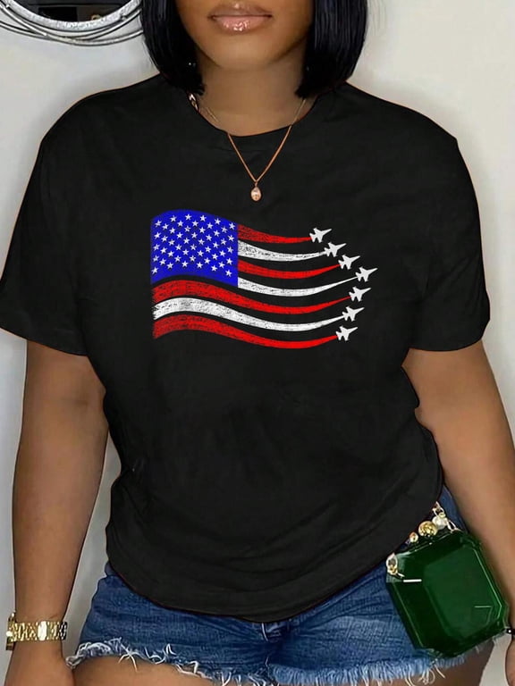 American Patriotic Fighter Jets USA Flag Waving 4th of July T-Shirt Women's Graphic Tee Casual Tops