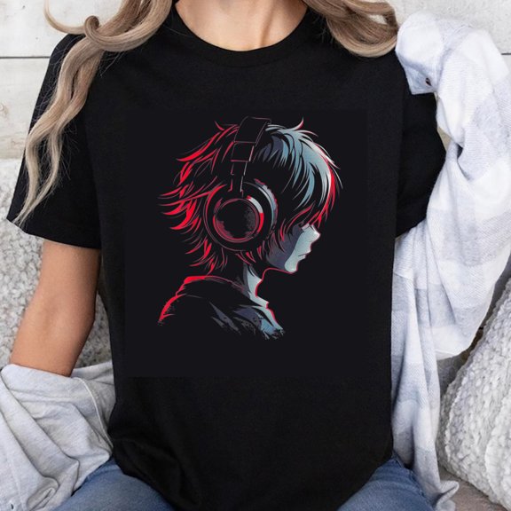 100% Cotton Anime Music Lover Headphones Red Blue Hair Side Profile Art Design T-Shirt