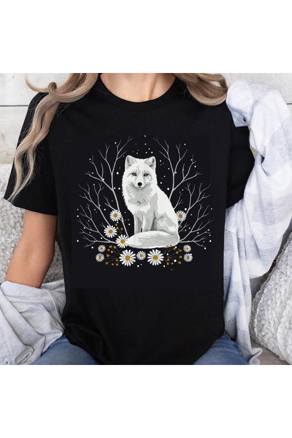 100% Cotton Arctic Fox in Winter Forest with Daisies Graphic T-Shirt for Women Nature Animal Print Casual Top