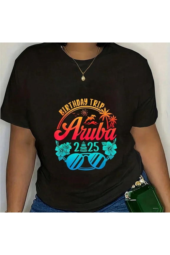 100% Cotton Aruba Birthday Trip 2025 Cruise Vacation Birthday Party T-Shirt Women's Men's Graphic Tee Comfort Crew Neck Summer Vacation Tops