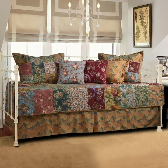 100% Cotton Authentic Patchwork Quilted Daybed Set, 7 Piece, Antique Chic