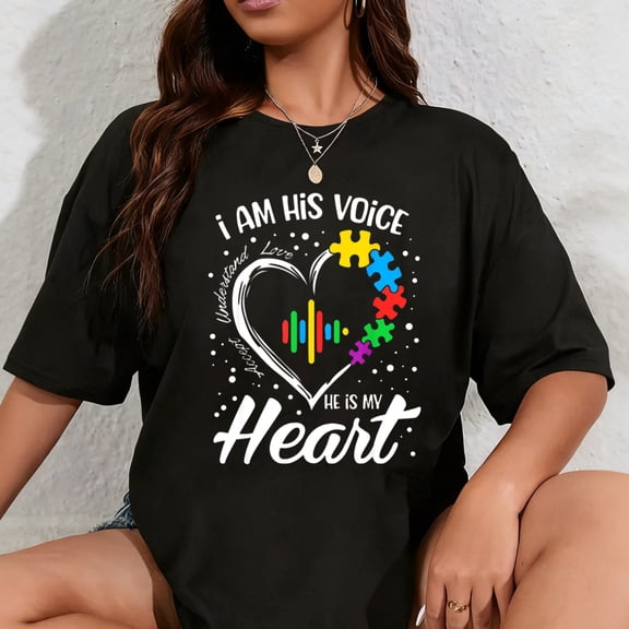 100% Cotton Autism Awareness Mom Shirt I Am His Voice He is My Heart T-Shirt