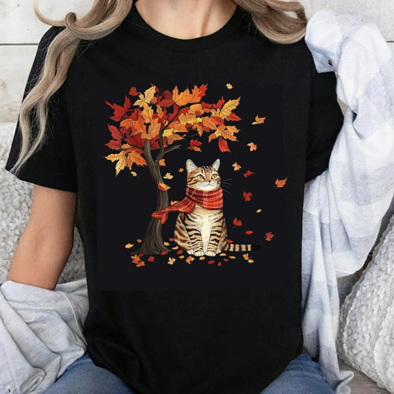 100% Cotton Autumn Cat with Scarf and Falling Leaves Tree Graphic T-Shirt for Women and Men, Fall Seasonal Design, Cozy Fall Fashion Shirt