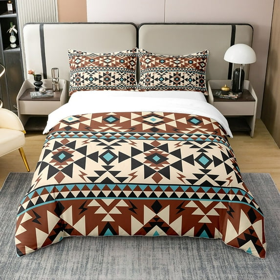 100% Cotton Aztec Patterned Duvet Cover Aztec Aztec Stripes Bedding Set Queen Bohemian Geometric Comforter Cover For Cowboy Cowgirl Southwestern Exotic Ethnic Tribal Quilt Cover, Brown Teal