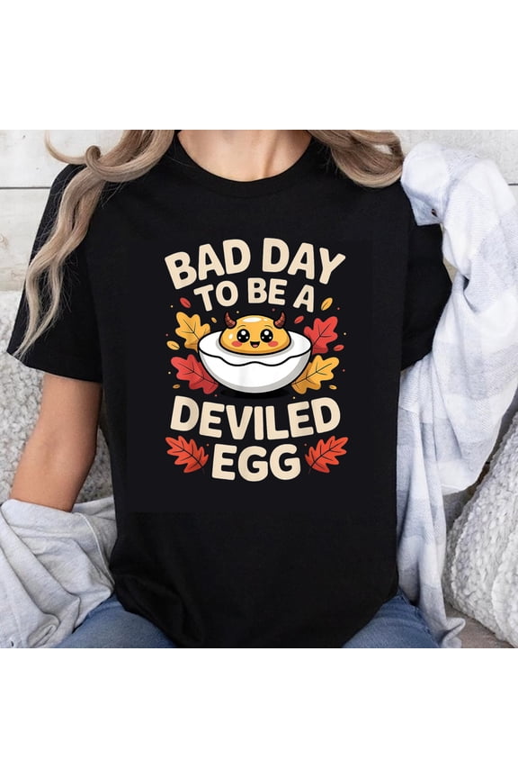 100% Cotton Bad Day To Be A Deviled Egg Funny Halloween Shirt Women Fall Autumn Leaves Cute Egg Design T-Shirt
