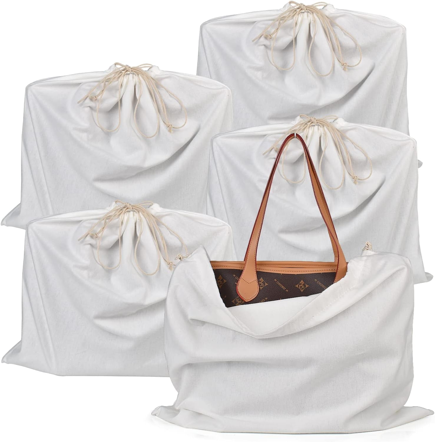100% Cotton Bags 5 Pack Dust Cover Storage Pouch with Drawstring Closure for Packaging Handbags Purses Pocketbooks Shoes Boots, White (21 x 19 in)