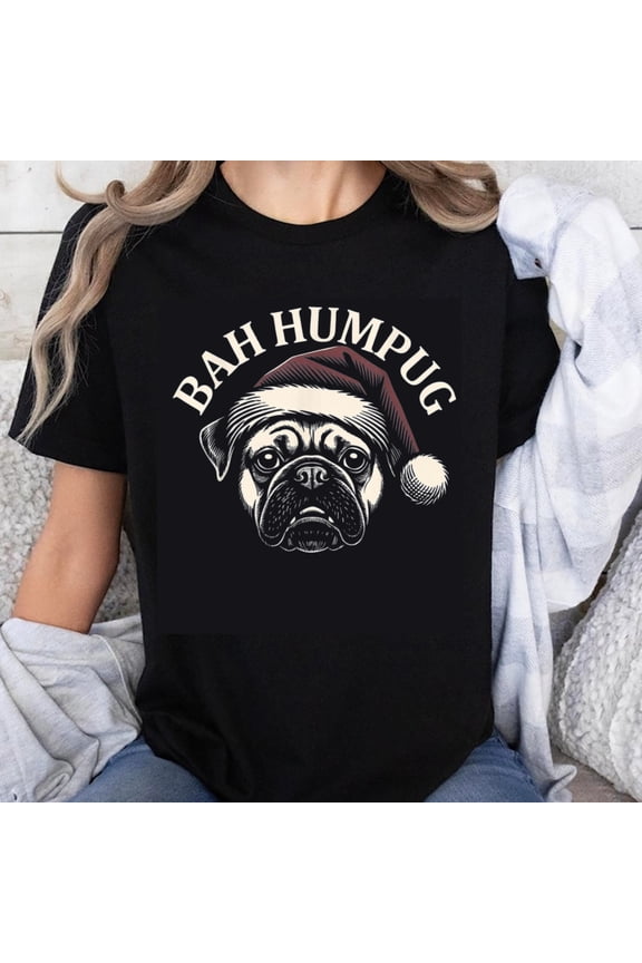 100% Cotton Bah Humpug Pug Santa Hat T-Shirt