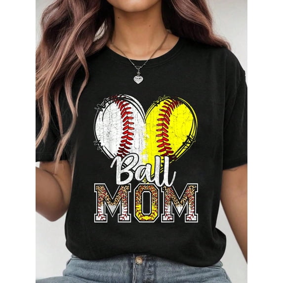 100% Cotton Ball Mom Heart Baseball Softball Mama Women Mothers Day T-Shirt Women's Men's Graphic Tee Casual Tops
