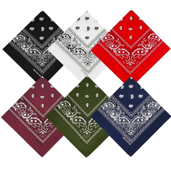 100% Cotton Bandanas, 21 x 21 inches, Set of 6，Premium Reusable Handkerchiefs for Men Women