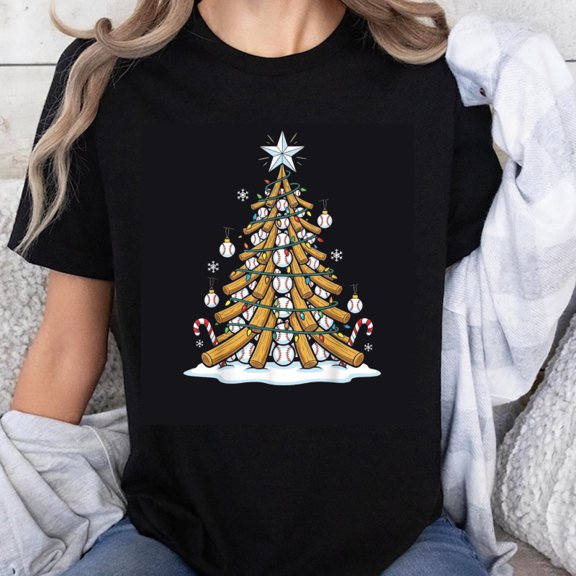 100% Cotton Baseball Christmas Tree Design T-Shirt