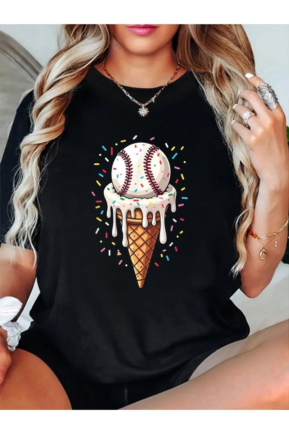 100% Cotton Baseball Drip Boys Ice Cream Cone Drip Baseball T-Shirt Women's Men's Graphic Tee Casual Tops