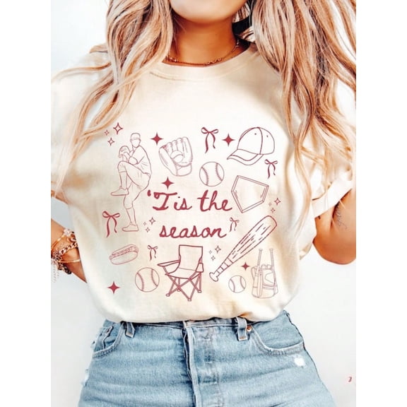 100% Cotton Baseball Shirt For Women, Tball Mom Shirt, Tis The Season Baseball Shirt, Doodle Line Art Tshirt, Baseball Mama Shirt