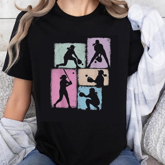100% Cotton Baseball Silhouettes Color Blocks Sport Action T-Shirt