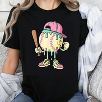 100% Cotton Baseball Softball Cartoon Character T-Shirt with Pink Cap and Bat Design for Women and Girls Fun Sports Themed Graphic Tee