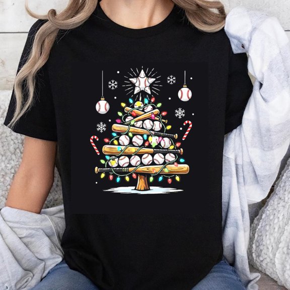 100% Cotton Baseball Tree Christmas Lights Ornaments T-Shirt