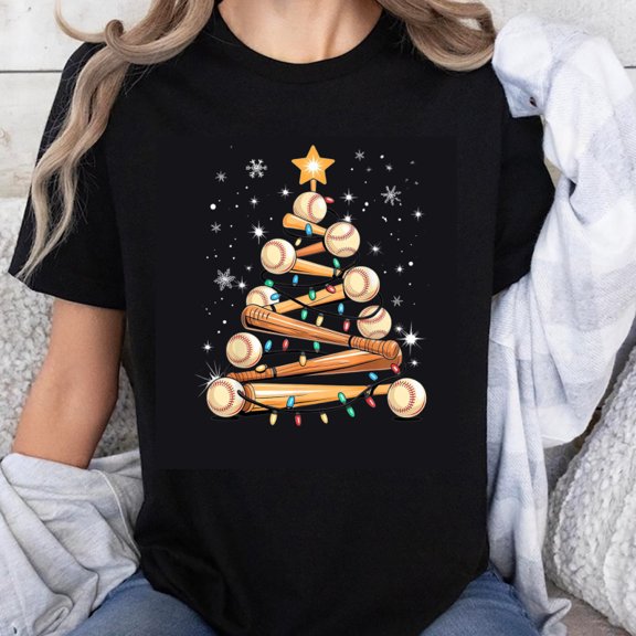 100% Cotton Baseball Tree Christmas Lights Star T-Shirt