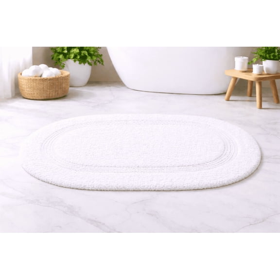100% Cotton Bath Mat – Oval, White, Reversible, Long Stapple Cotton, Easy-care Machine Washable, Delicate Cycle, Cold Water, Super Soft & Absorbent (18"X28")
