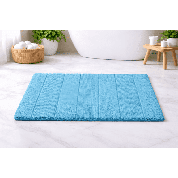 100% Cotton Bath Mat – Striped, Capri Blue, Reversible, Easy-care Machine Washable, Delicate Cycle, Cold Water, Super Soft & Absorbent (20"X32")