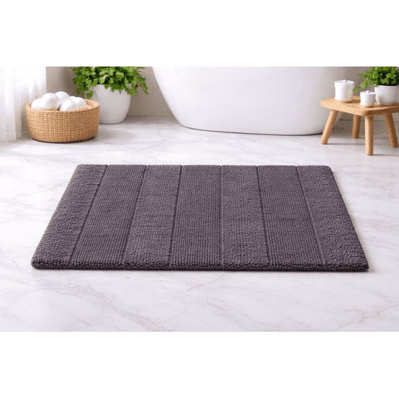 100% Cotton Bath Mat – Striped, Dark Grey, Reversible, Easy-care Machine Washable, Delicate Cycle, Cold Water, Super Soft & Absorbent (20"X32")