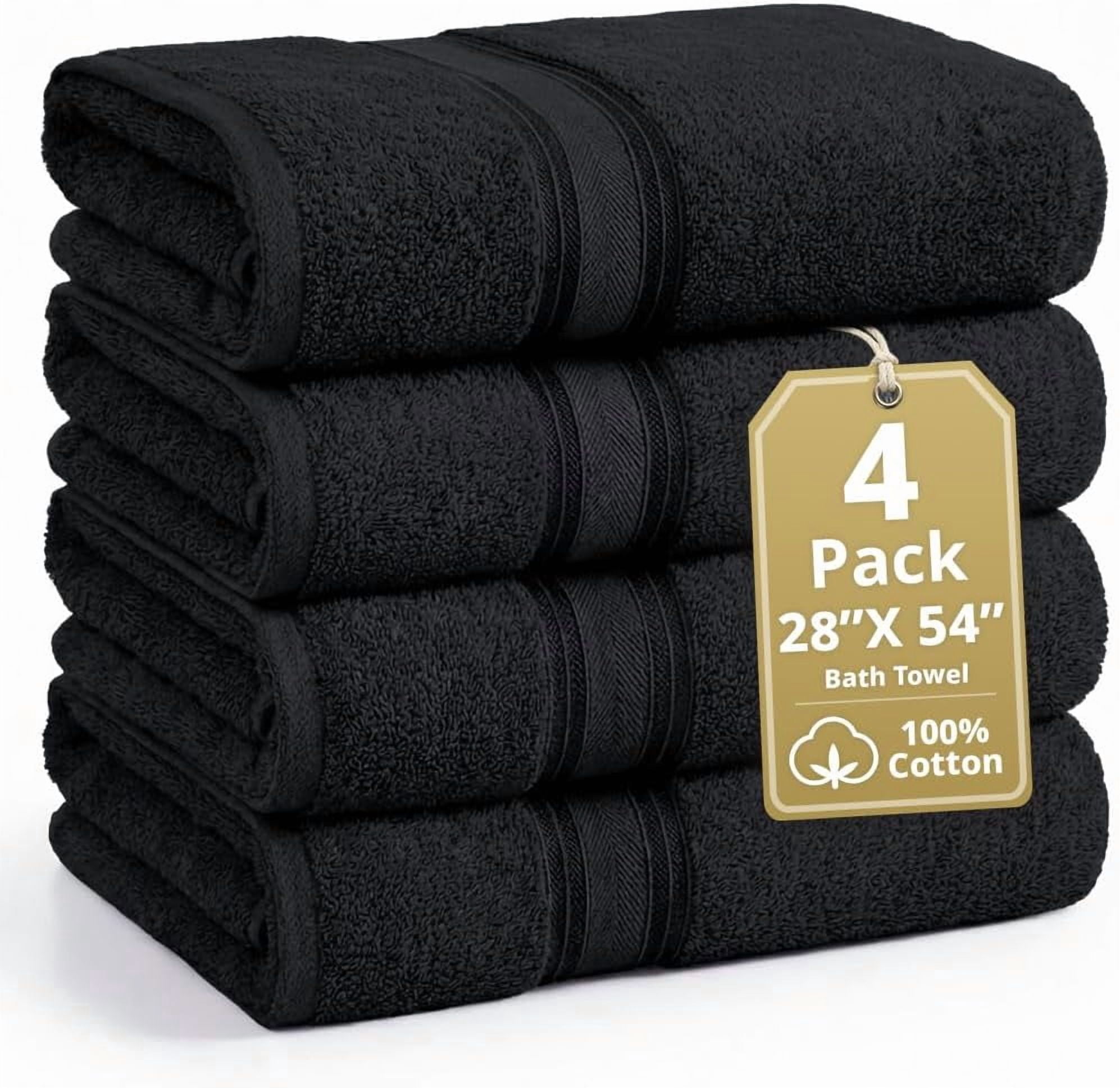 100% Cotton Bath Towels 4 Pack (28"x54") - Zero Twist, Mercerized Cotton Large Towel Set for Bathroom - Quick Dry, Soft & Absorbent Large Bath Towel Set - Oeko Tex Certified - Black Towels