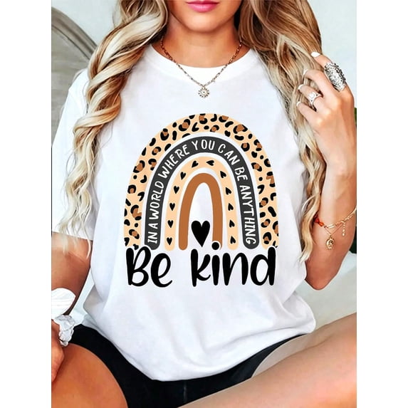 100% Cotton Be Kind Boho Leopard Rainbow Kindness Inspirational Cute T-Shirt
