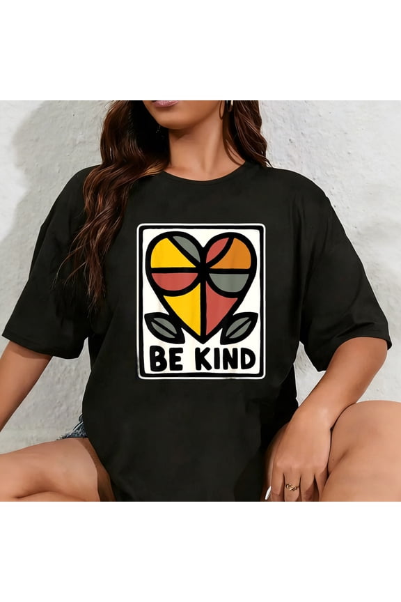 100% Cotton Be Kind Retro Heart Design Positive Message Art T-Shirt