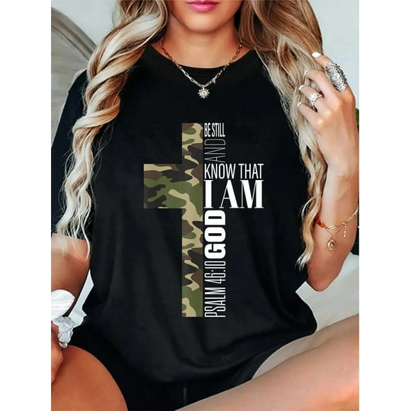 100% Cotton Be Still And Know God Christian Bible Verse Green Camo Cross T-Shirt