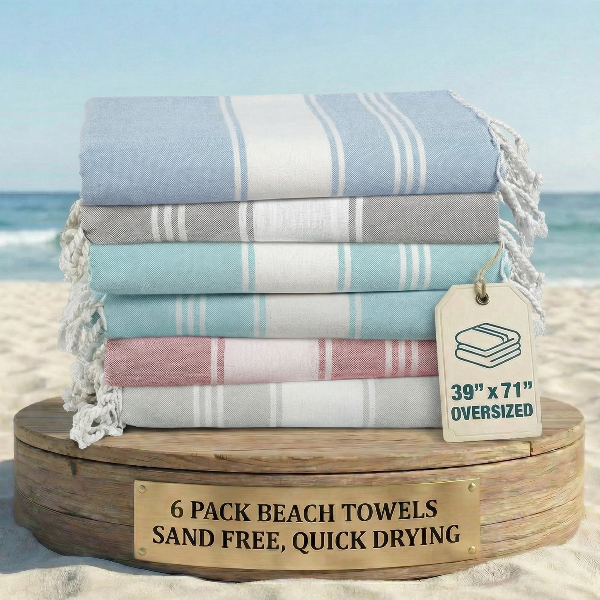 Casa Platino Hammam Beach Towels 6 Pack, Cotton Beach Towels for Adults, Oversized Lightweight Quick Dry Pool Towels for Beach Days – Nautical