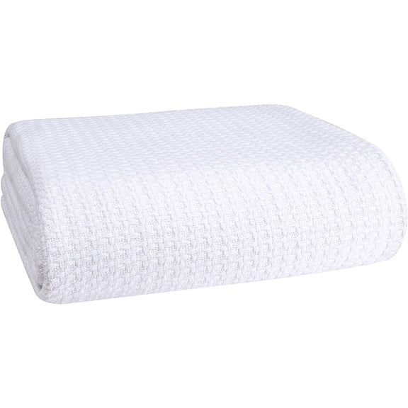 100% Cotton Bed Blanket, Breathable Bed Blanket King Size, Cotton Thermal Blankets King, Perfect for Layering Any Bed for All Season, White
